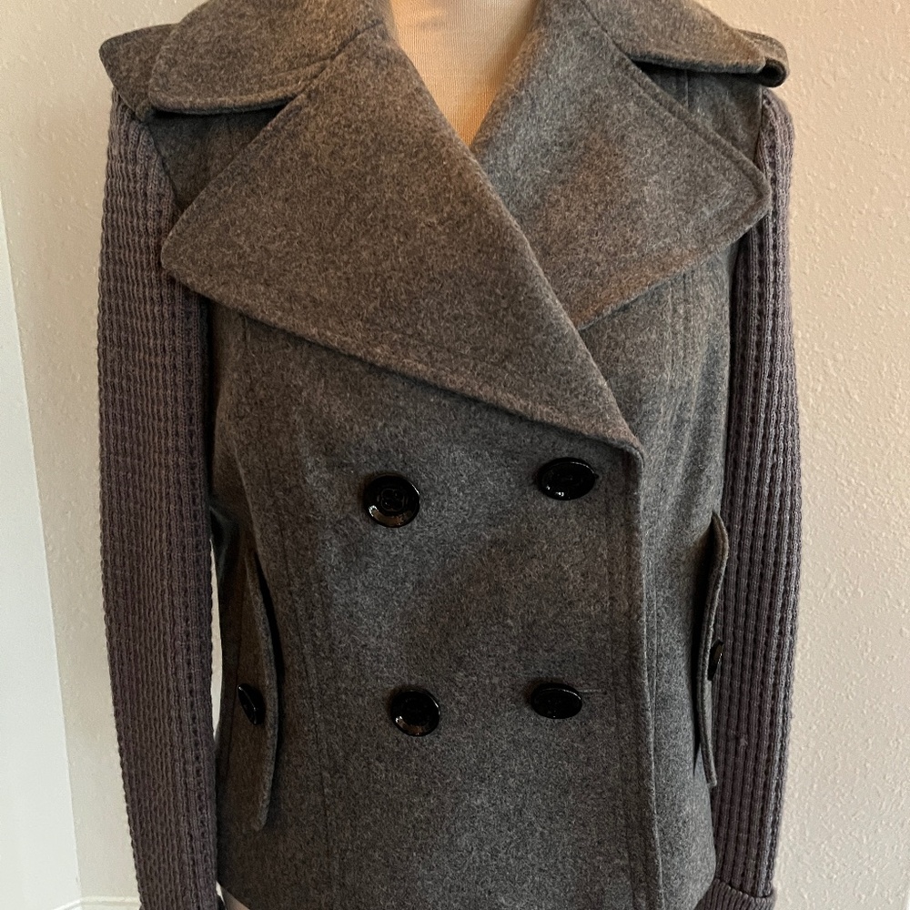 Burberry Charcoal Gray Wool Peacoat with Ribbed Knit Sleeves
